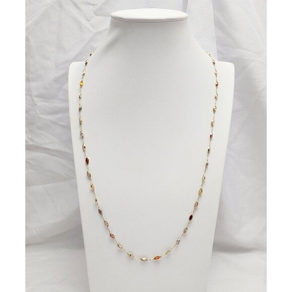Unique 14K Solid Yellow Gold Multi Colored Gemstone Link Chain Necklace - 24" L